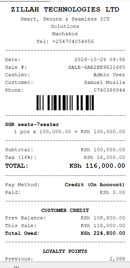 ZillahPOS Credit sale receipt on a customer