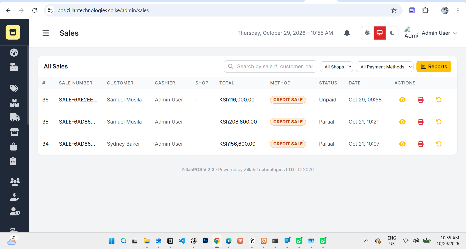 ZillahPOS sales tracking window